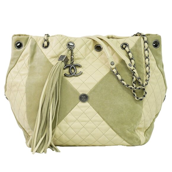 CHANEL CC Matelasse Leather Suede Chain Shoulder Tote Bag Beige - Picture 1 of 11